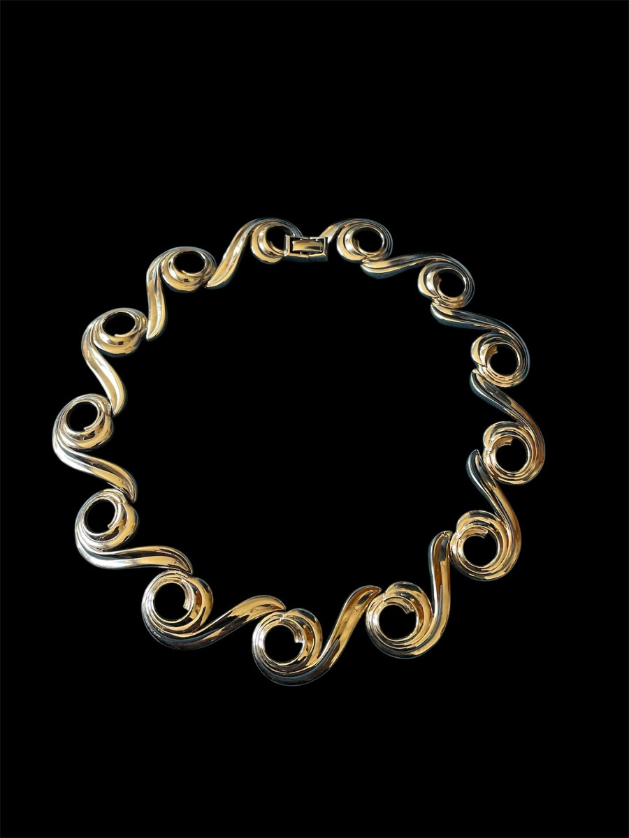 Nina Ricci Necklace And Clip Set In Gold-plated Metal, Vintage Couture Jewelry-photo-3
