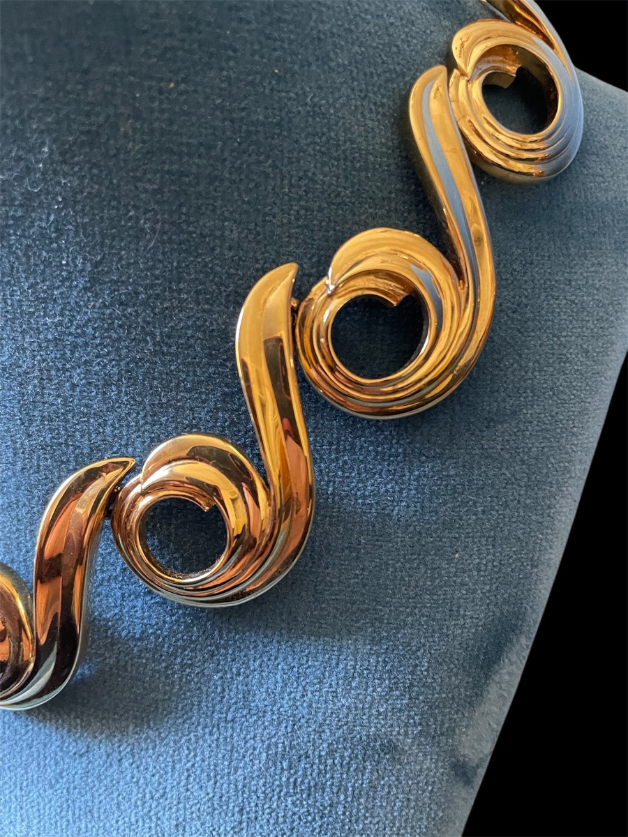 Nina Ricci Necklace And Clip Set In Gold-plated Metal, Vintage Couture Jewelry-photo-2
