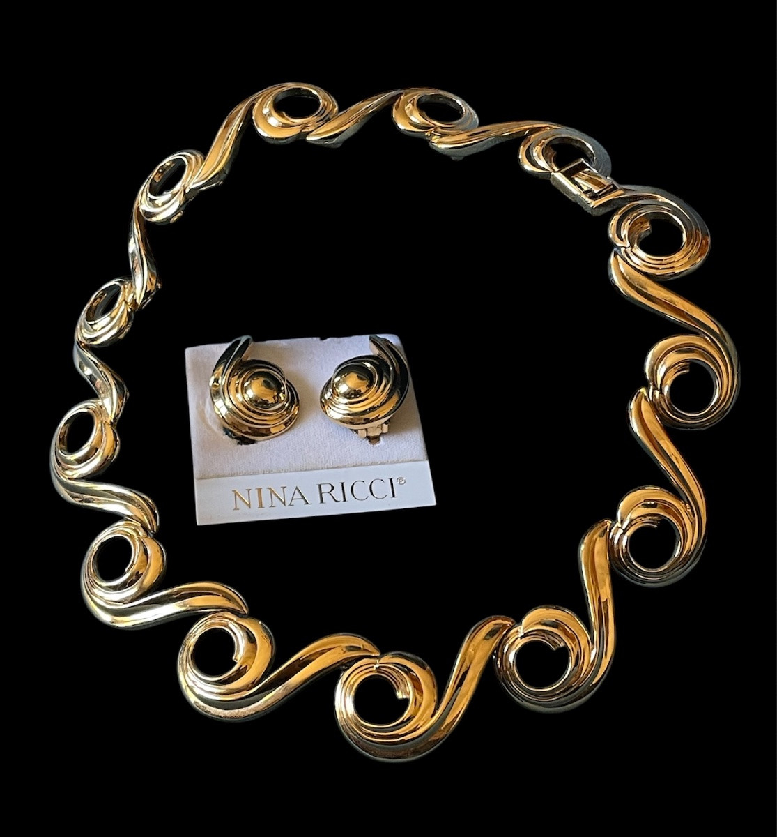 Nina Ricci Necklace And Clip Set In Gold-plated Metal, Vintage Couture Jewelry-photo-5