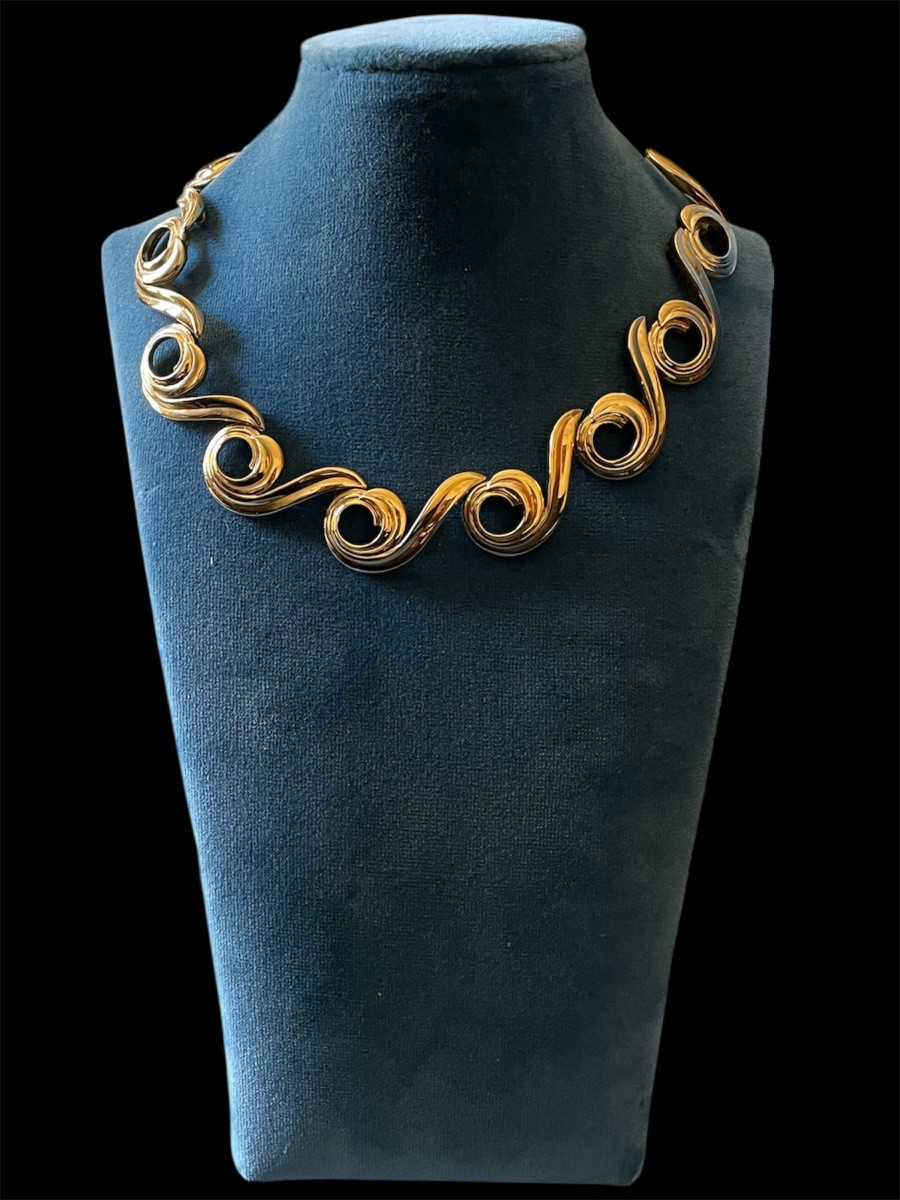 Nina Ricci Necklace And Clip Set In Gold-plated Metal, Vintage Couture Jewelry-photo-8