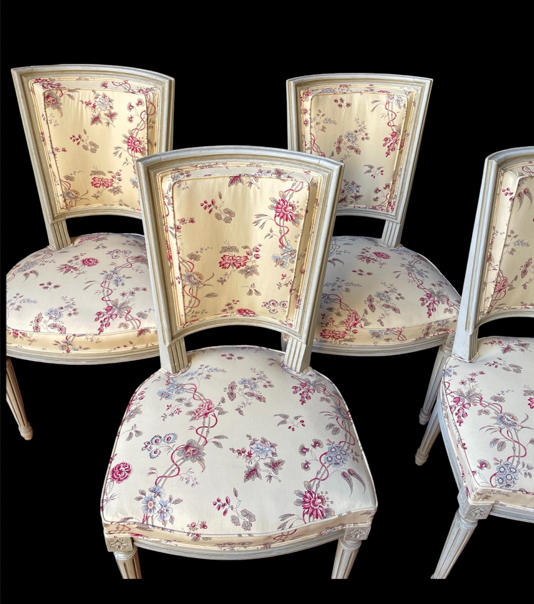 SÉRIE DE 4 CHAISES DE STYLE LOUIS XVI VERS 1960  TISSUS BRAQUENIÉ LONGUEVILLE-photo-2