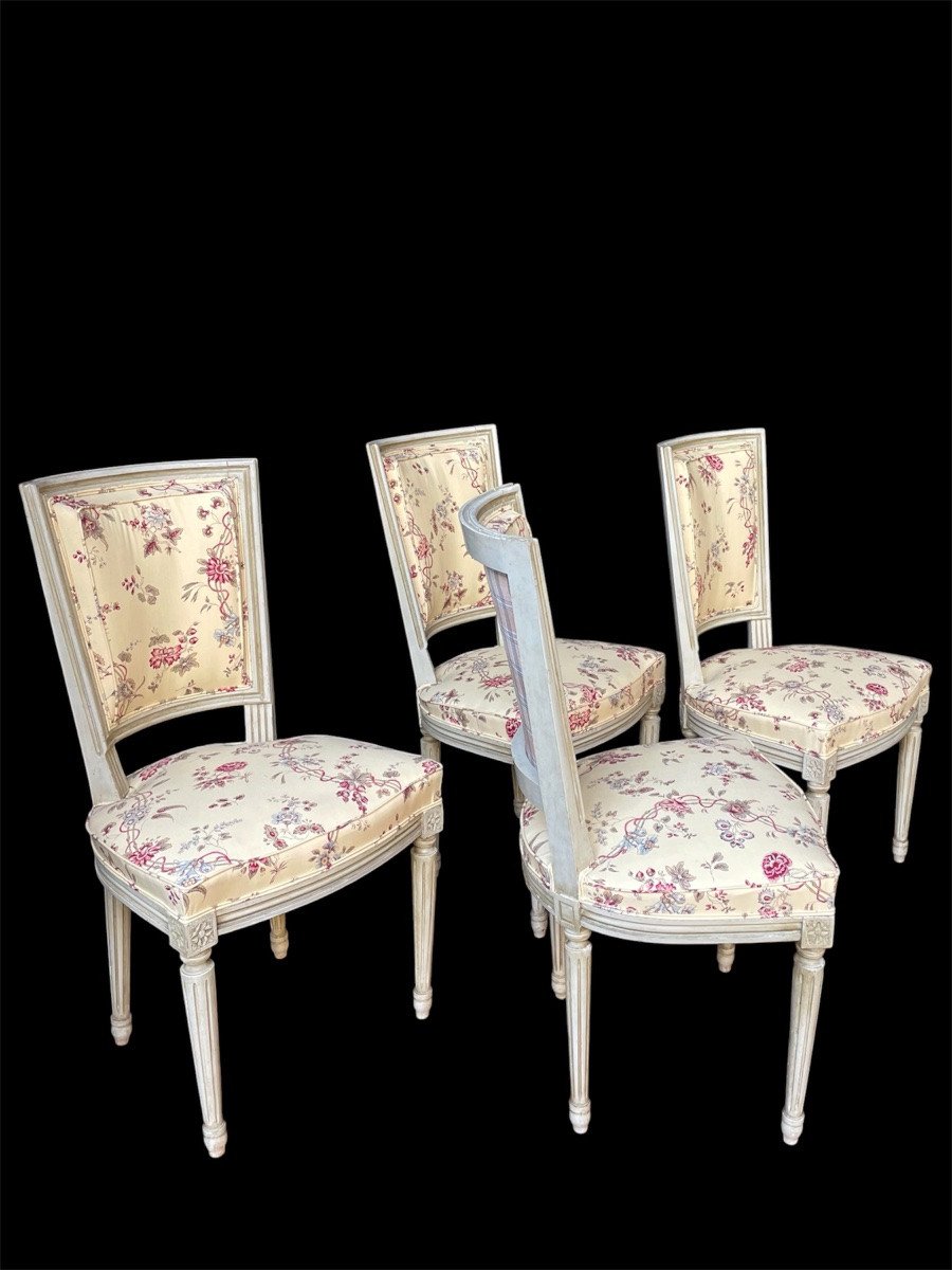 SÉRIE DE 4 CHAISES DE STYLE LOUIS XVI VERS 1960  TISSUS BRAQUENIÉ LONGUEVILLE-photo-3
