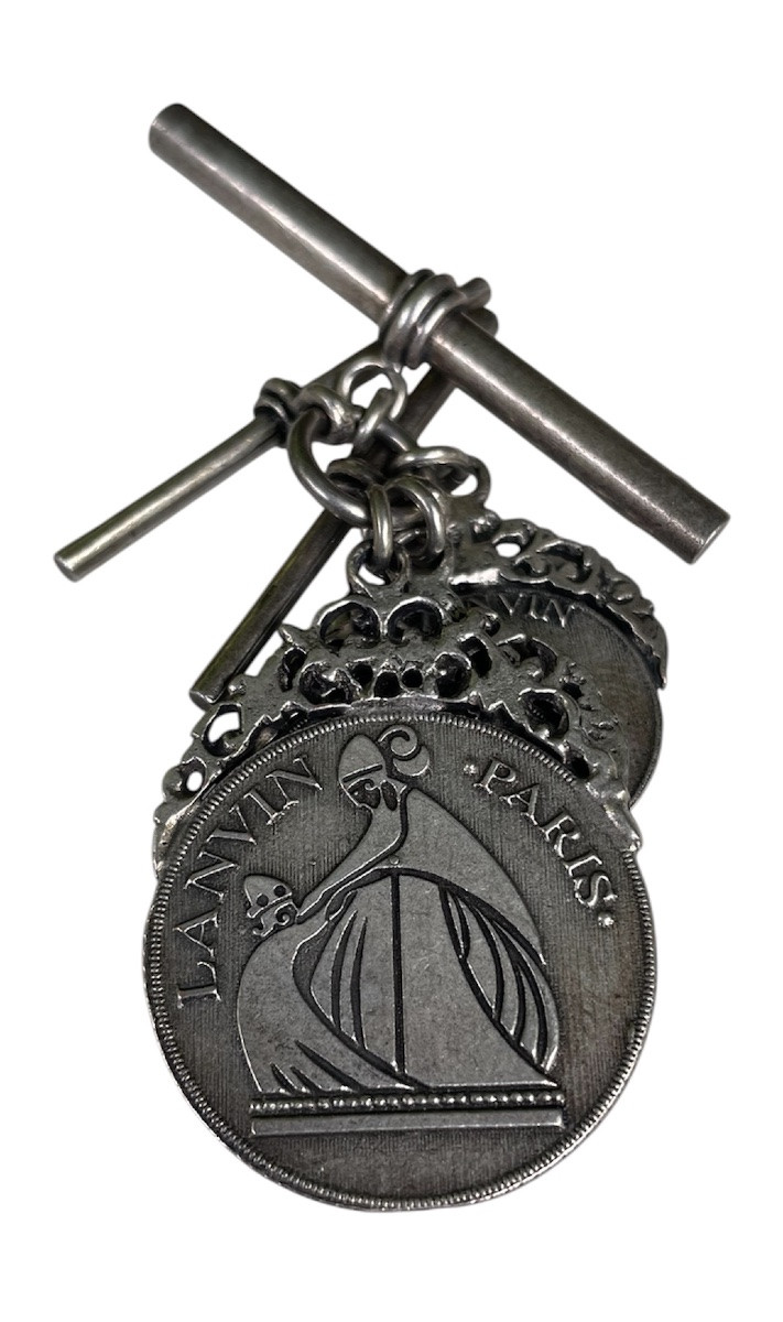 Couture Brooch By The House Of Lanvin Silver-plated Metal Medallion Charms Aged Patina-photo-3