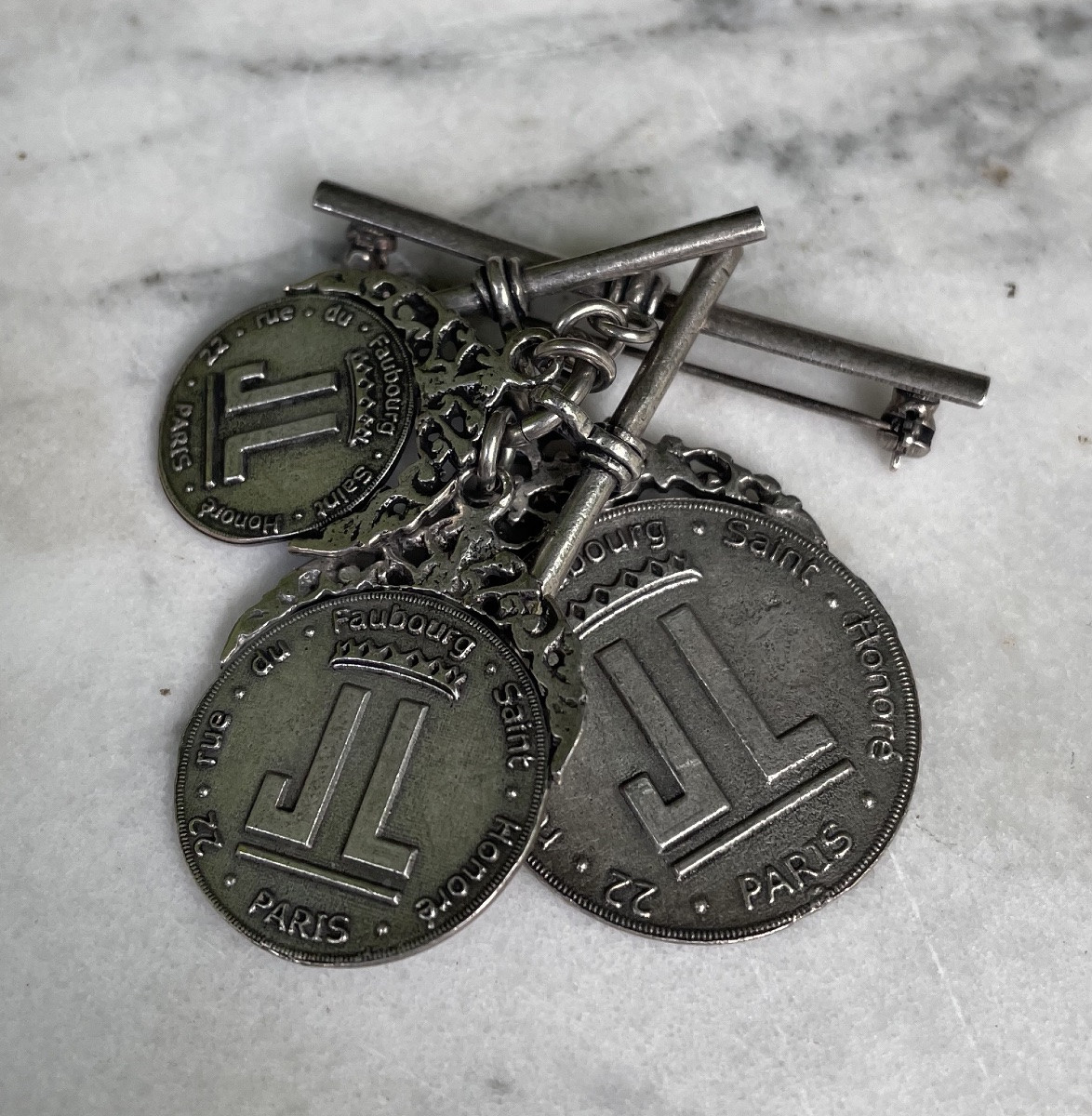 Couture Brooch By The House Of Lanvin Silver-plated Metal Medallion Charms Aged Patina-photo-1