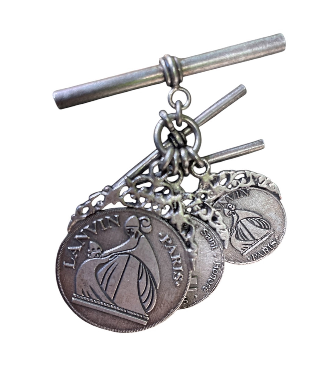 Couture Brooch By The House Of Lanvin Silver-plated Metal Medallion Charms Aged Patina-photo-7