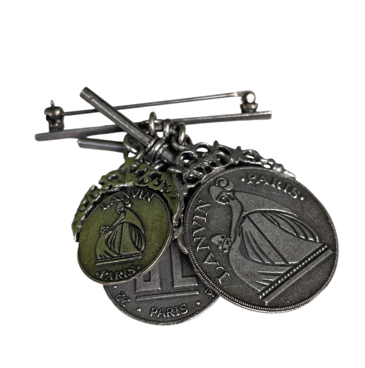 Couture Brooch By The House Of Lanvin Silver-plated Metal Medallion Charms Aged Patina-photo-8