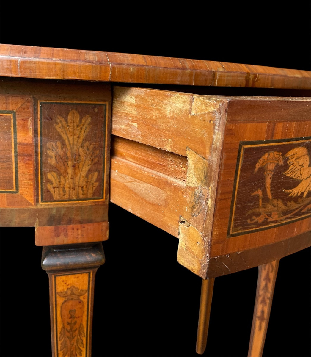 CONSOLE DEMI-LUNE MARQUETÉE TRAVAIL ITALIEN DU XIX ÈME SIÈCLE DANS LE GOÛT NÉO-CLASSIQUE-photo-5