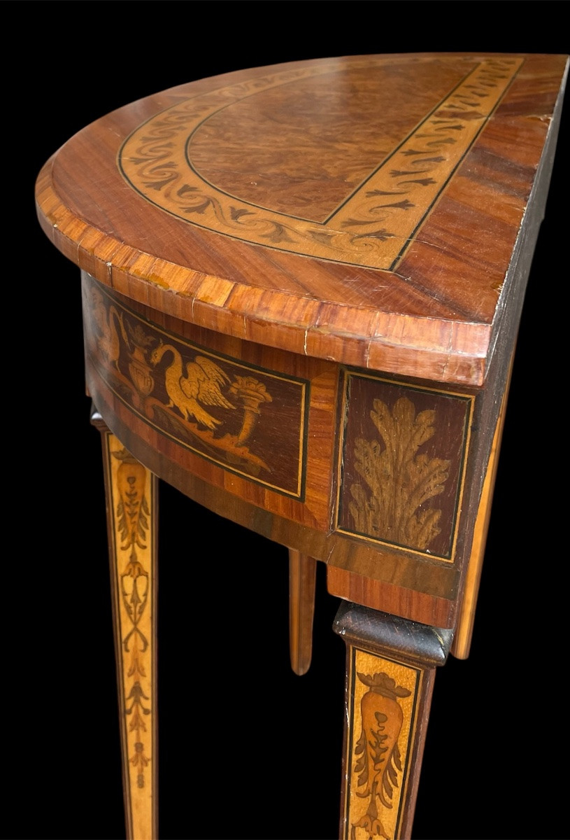 CONSOLE DEMI-LUNE MARQUETÉE TRAVAIL ITALIEN DU XIX ÈME SIÈCLE DANS LE GOÛT NÉO-CLASSIQUE-photo-7