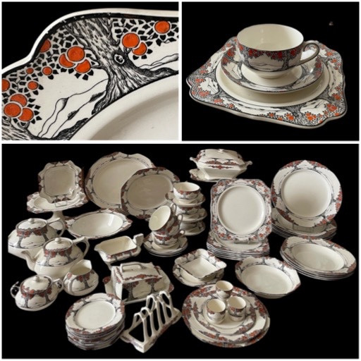 PARTIE DE SERVICE ANGLAIS ART DÉCO EN FAÏENCE DE LA MANUFACTURE CROWN  DUCAL VERS 193O ORANGER 