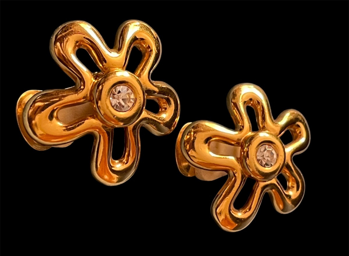 BOUCLES D'OREILLES  CLIPS DE LA MAISON LANVIN EN MÉTAL DORÉ ET STRASS  VINTAGE BIJOUX COUTURE -photo-4