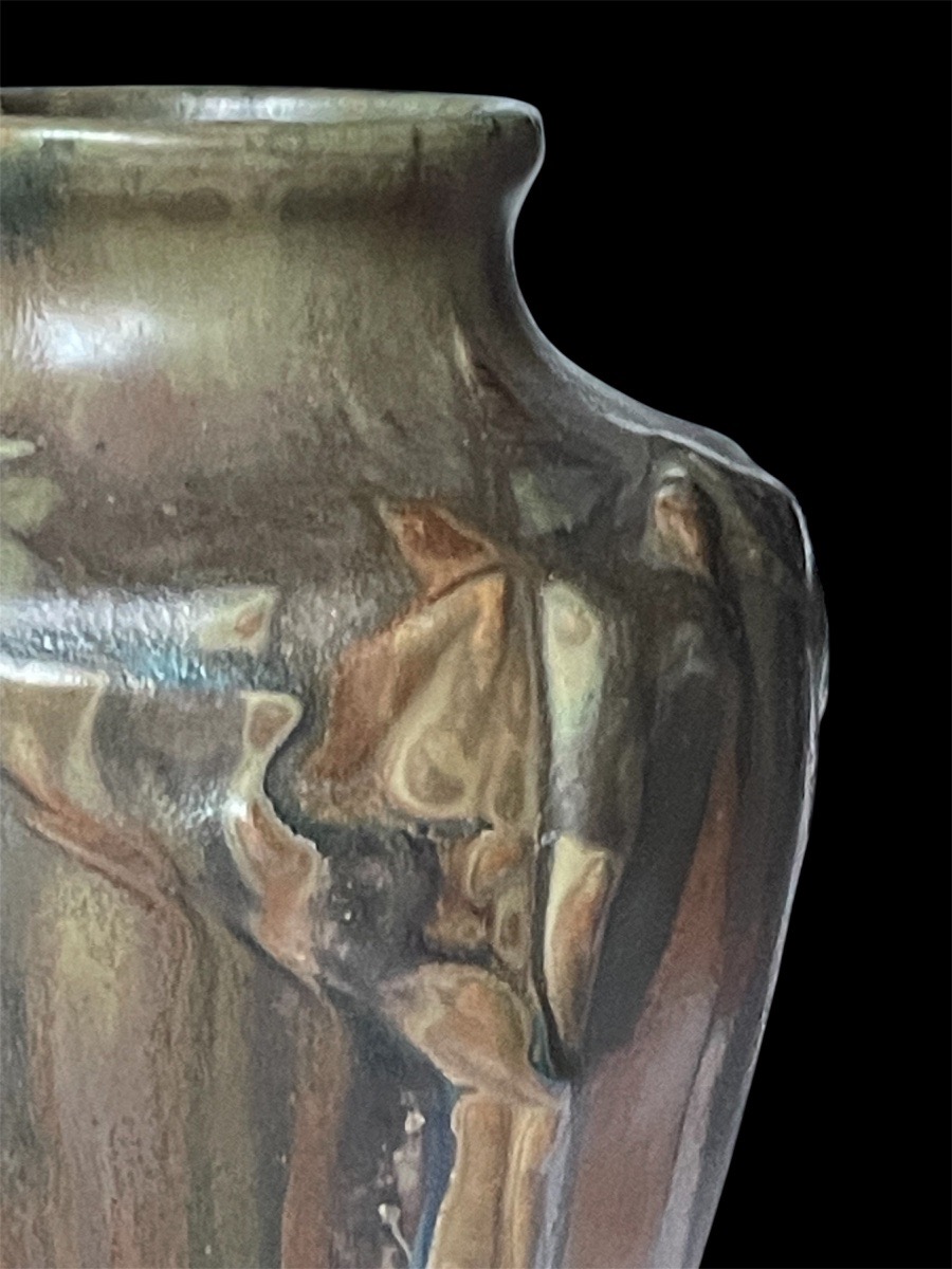 Denbac Vase In Flamed Stoneware With Coulure Decoration Art Nouveau Organic Shapes-photo-2