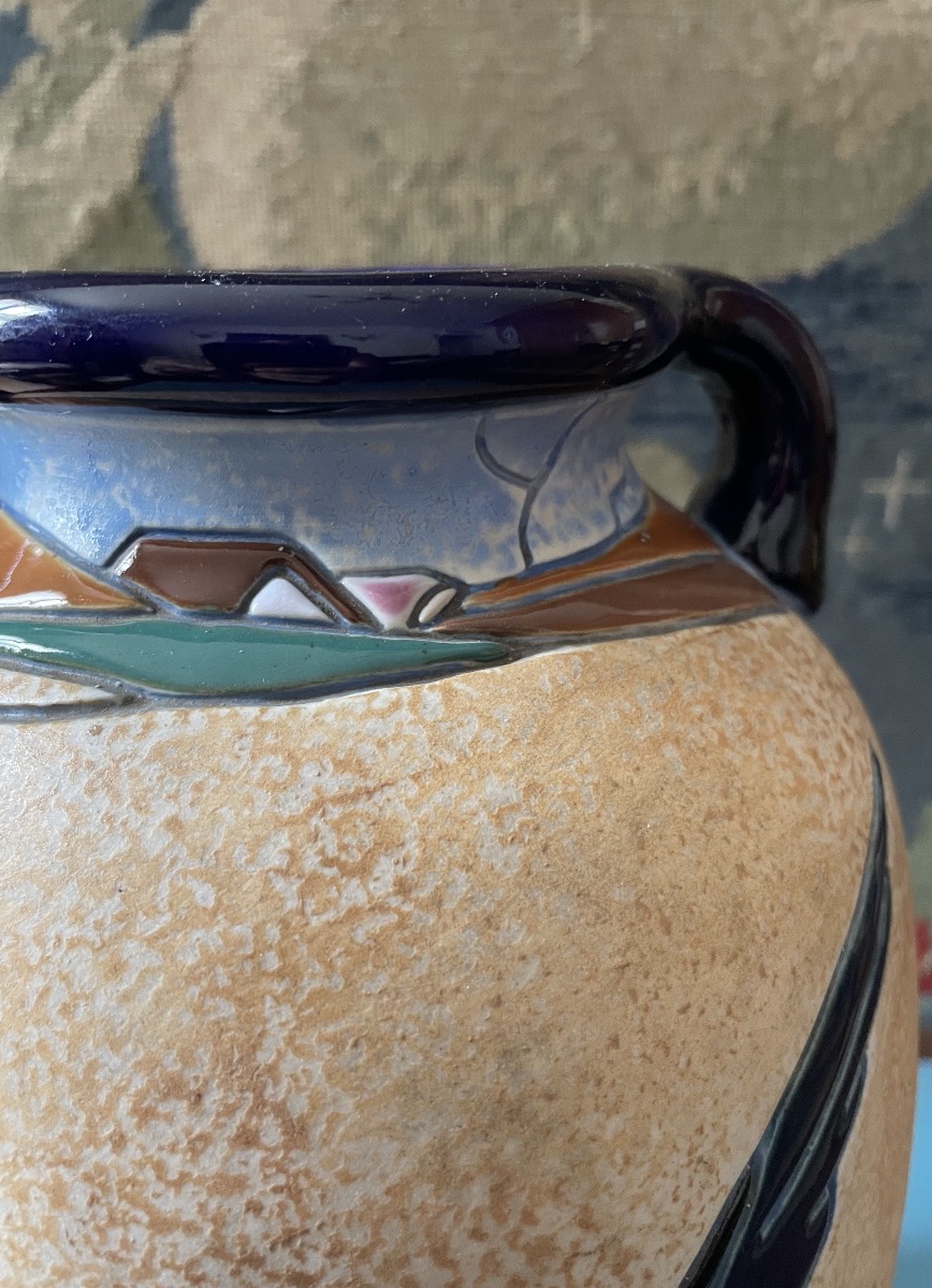 Tchecoslovakian Glazed Ceramic Amphora Vase With Two Handles, Circa 1920, Art Deco -photo-3