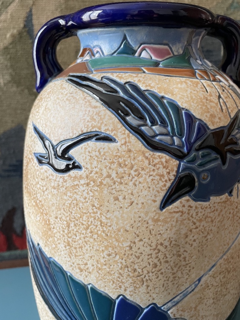 Tchecoslovakian Glazed Ceramic Amphora Vase With Two Handles, Circa 1920, Art Deco -photo-1