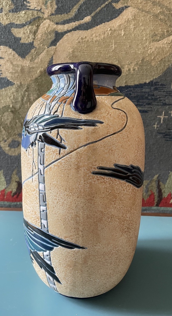 Tchecoslovakian Glazed Ceramic Amphora Vase With Two Handles, Circa 1920, Art Deco -photo-4