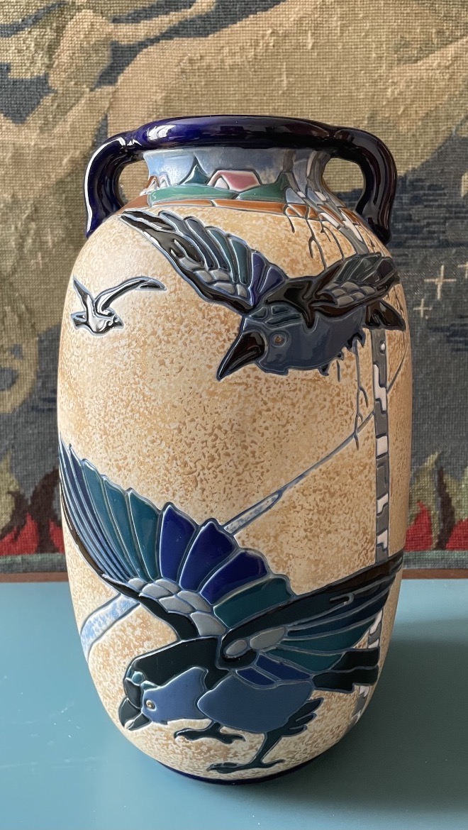 Tchecoslovakian Glazed Ceramic Amphora Vase With Two Handles, Circa 1920, Art Deco 