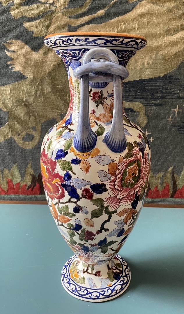 Large Spindle Vase In Gien Faience Decor With Peonies Period 1960/1970-photo-2