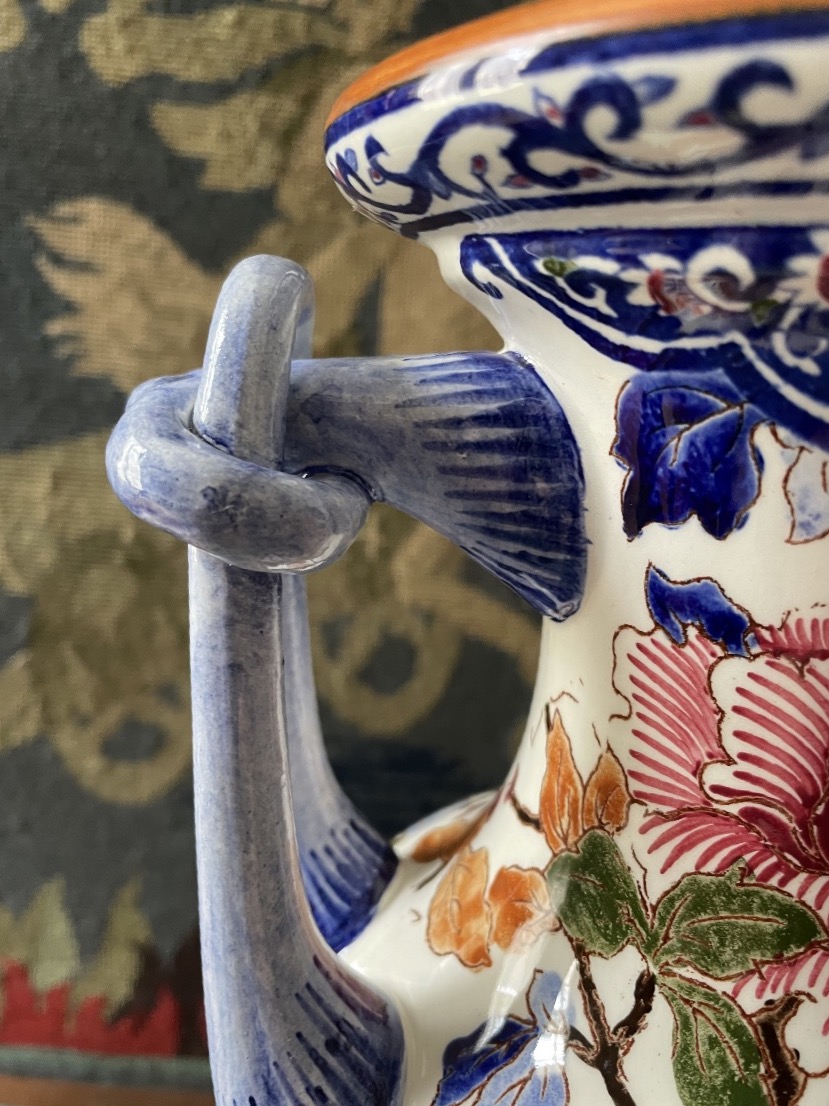 Large Spindle Vase In Gien Faience Decor With Peonies Period 1960/1970-photo-3