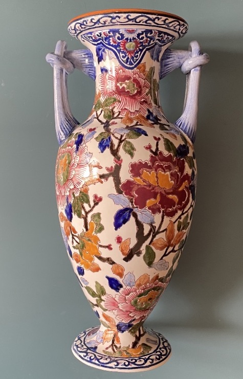 Large Spindle Vase In Gien Faience Decor With Peonies Period 1960/1970-photo-3