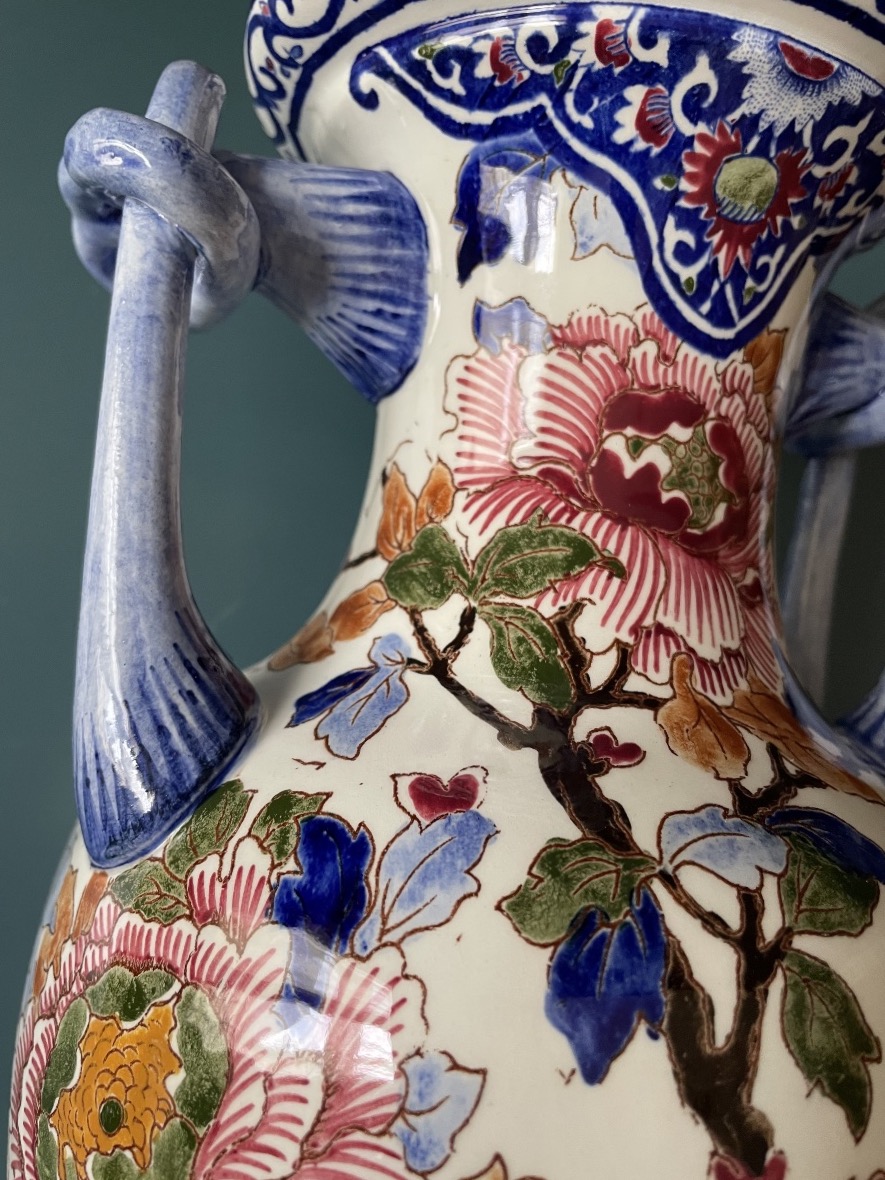 Large Spindle Vase In Gien Faience Decor With Peonies Period 1960/1970-photo-4