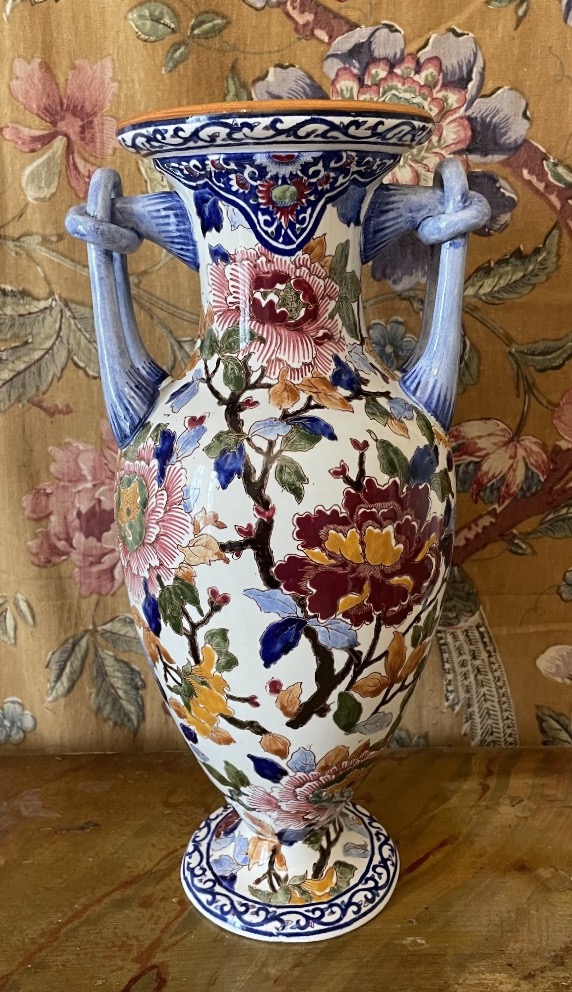 Large Spindle Vase In Gien Faience Decor With Peonies Period 1960/1970-photo-7