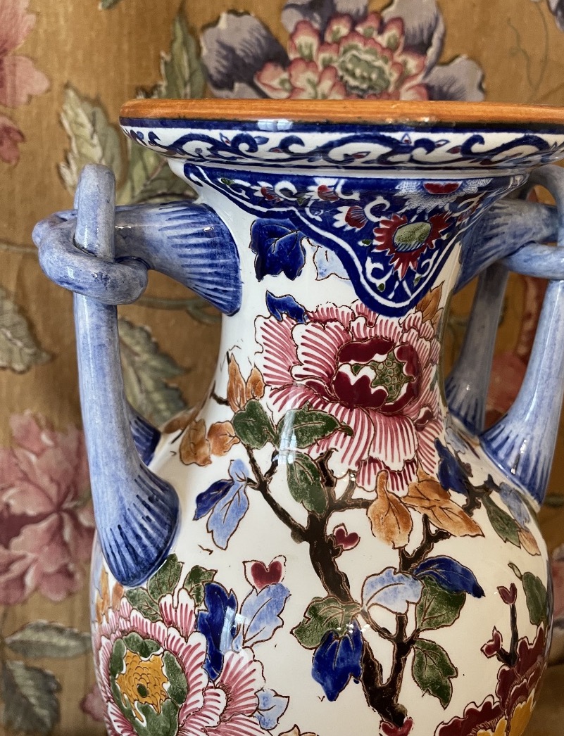 Large Spindle Vase In Gien Faience Decor With Peonies Period 1960/1970-photo-8