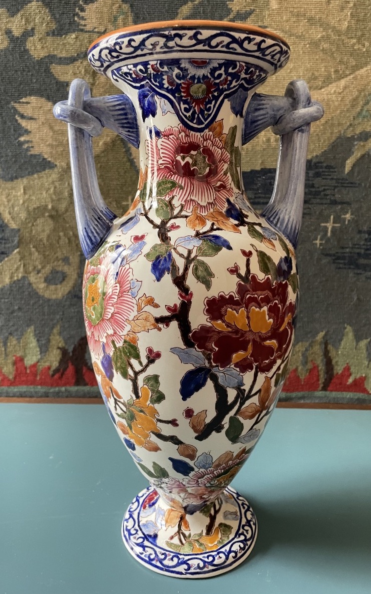 Large Spindle Vase In Gien Faience Decor With Peonies Period 1960/1970