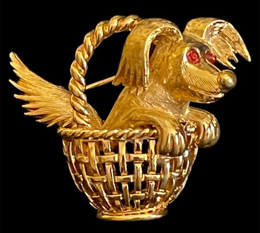 BROCHE BESTIAIRE TECKEL DE LA MAISON MARCEL BOUCHER EN MÉTAL DORÉ ET PIERRES ROUGES -photo-7