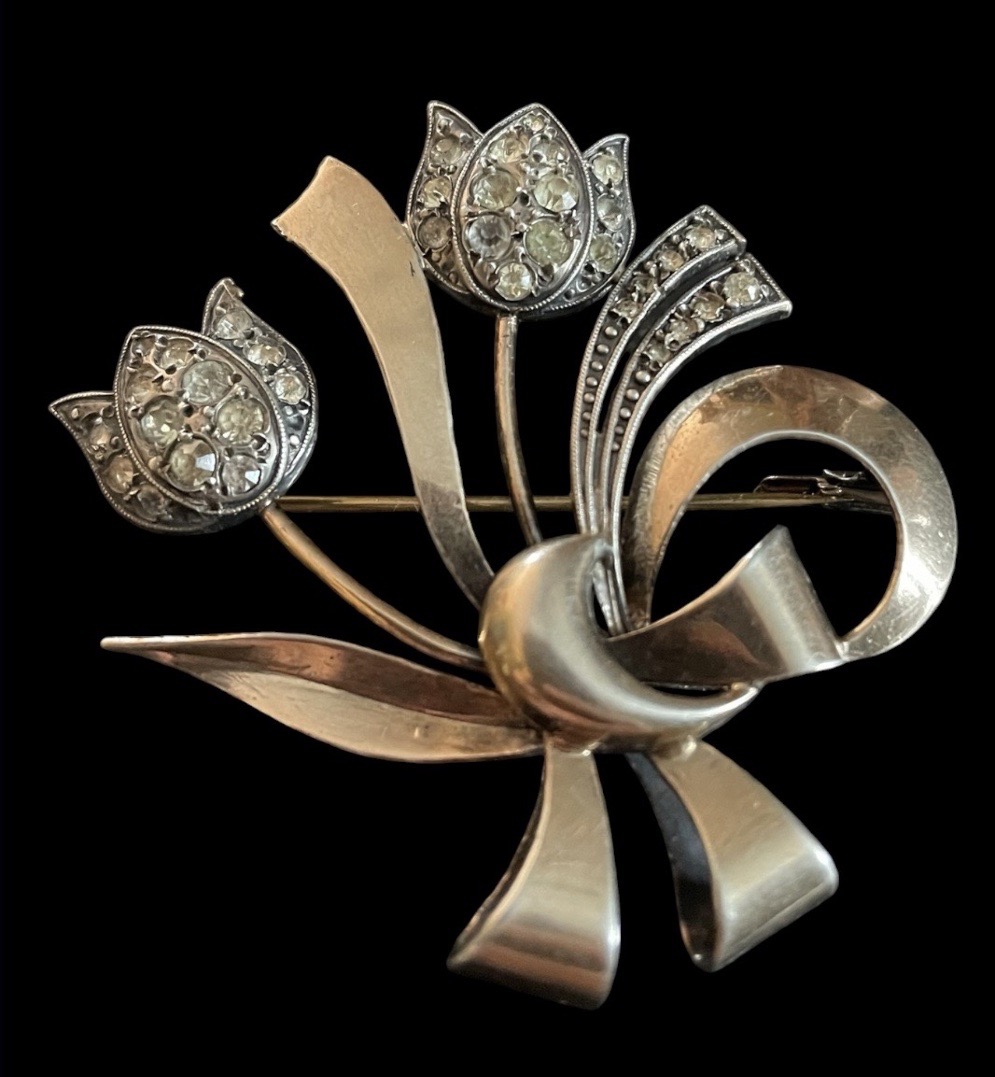BROCHE BOUQUET DE FLEURS DE GEORGES LEGROS EN ARGENT  VERMEIL ET STRASS  VERS 1940-1950 -photo-2