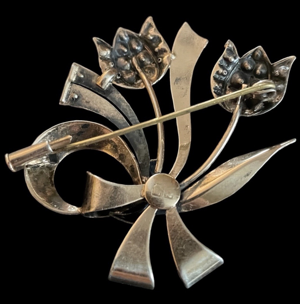 BROCHE BOUQUET DE FLEURS DE GEORGES LEGROS EN ARGENT  VERMEIL ET STRASS  VERS 1940-1950 -photo-3