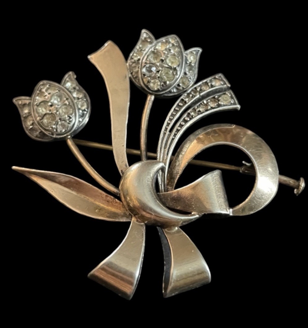 BROCHE BOUQUET DE FLEURS DE GEORGES LEGROS EN ARGENT  VERMEIL ET STRASS  VERS 1940-1950 -photo-2