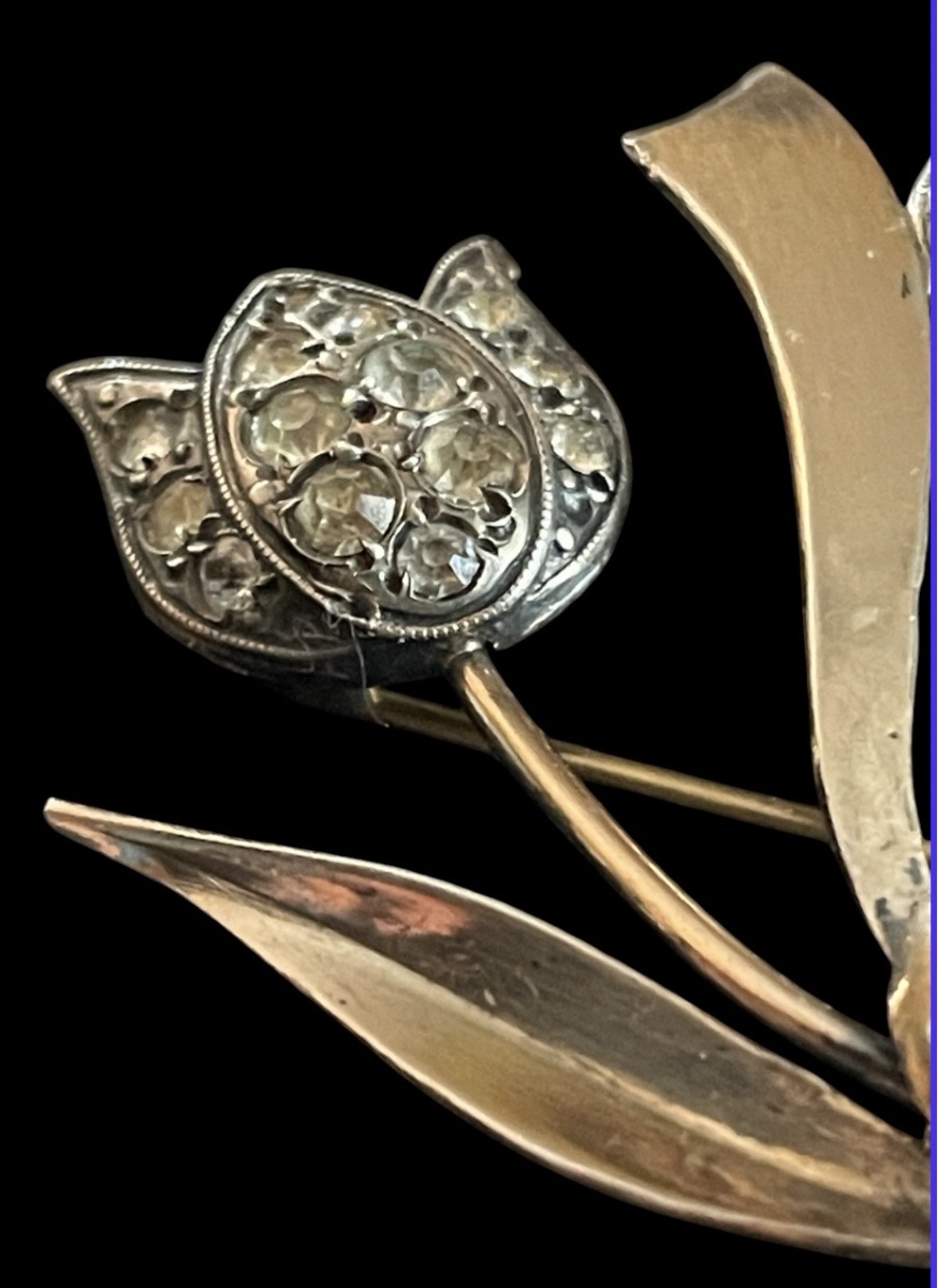 BROCHE BOUQUET DE FLEURS DE GEORGES LEGROS EN ARGENT  VERMEIL ET STRASS  VERS 1940-1950 -photo-4