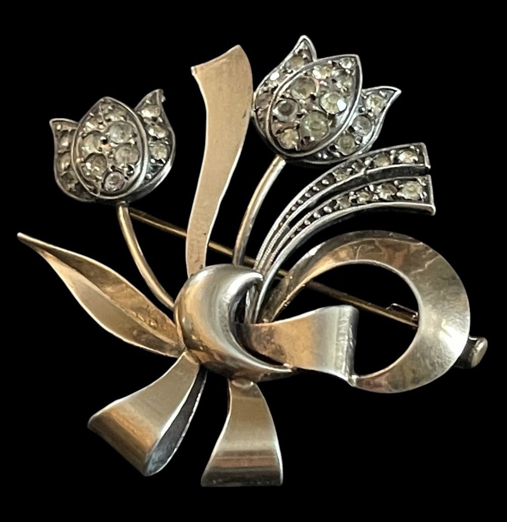 BROCHE BOUQUET DE FLEURS DE GEORGES LEGROS EN ARGENT  VERMEIL ET STRASS  VERS 1940-1950 -photo-8
