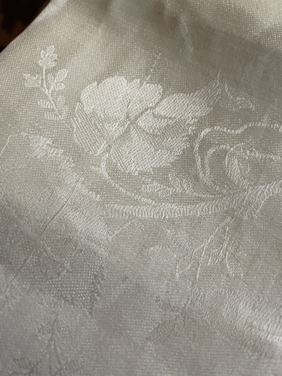 SERVICE DE TABLE EN FIL DE LIN DAMASSÉ MONOGRAMME E.M NAPPE ET 12 SERVIETTES VERS  1930-1940-photo-3