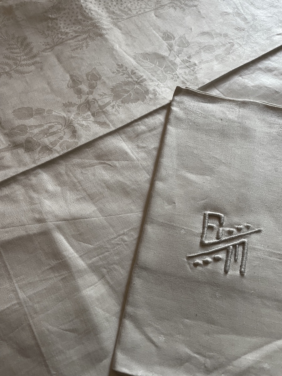 SERVICE DE TABLE EN FIL DE LIN DAMASSÉ MONOGRAMME E.M NAPPE ET 12 SERVIETTES VERS  1930-1940-photo-7