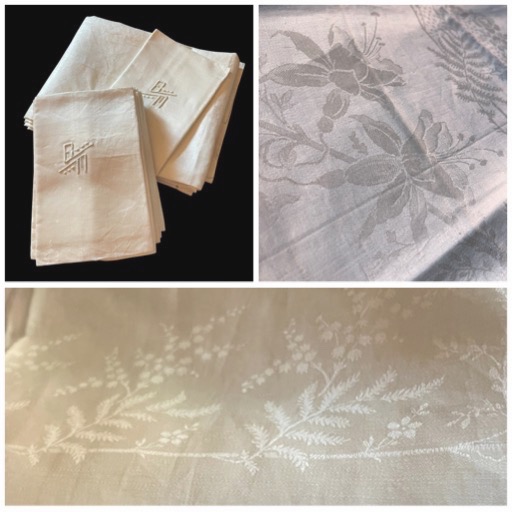 SERVICE DE TABLE EN FIL DE LIN DAMASSÉ MONOGRAMME E.M NAPPE ET 12 SERVIETTES VERS  1930-1940