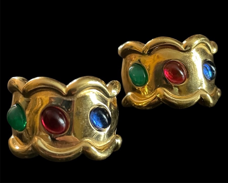 Carven House "couture" Clip-on Earrings In Gold-plated Metal And Glass Cabochons -photo-2