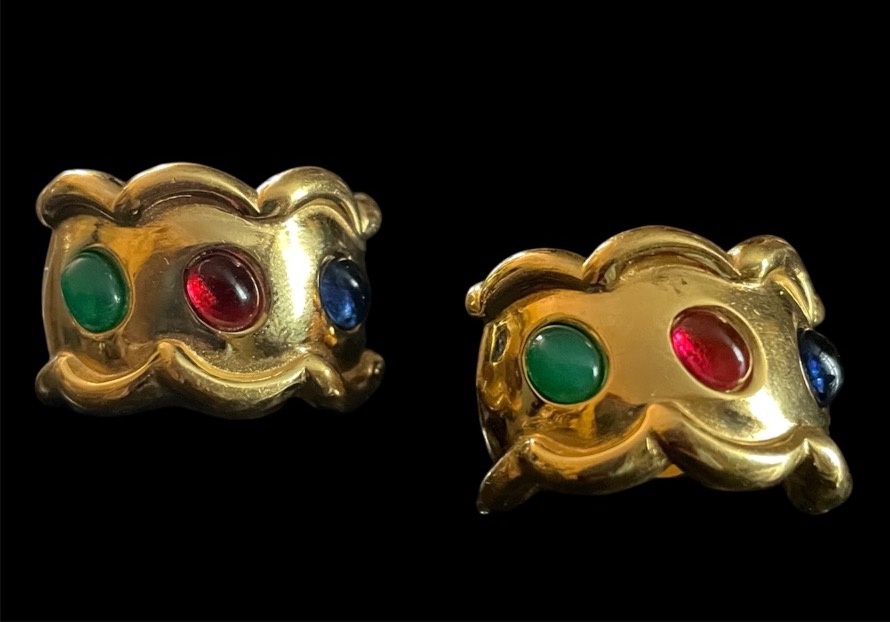 Carven House "couture" Clip-on Earrings In Gold-plated Metal And Glass Cabochons -photo-1