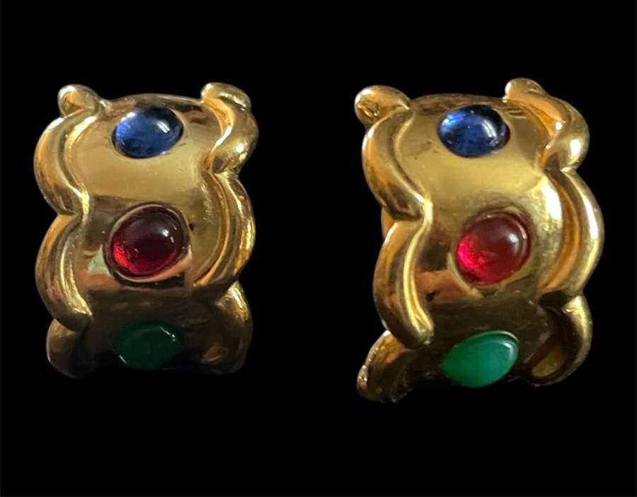 Carven House "couture" Clip-on Earrings In Gold-plated Metal And Glass Cabochons -photo-4