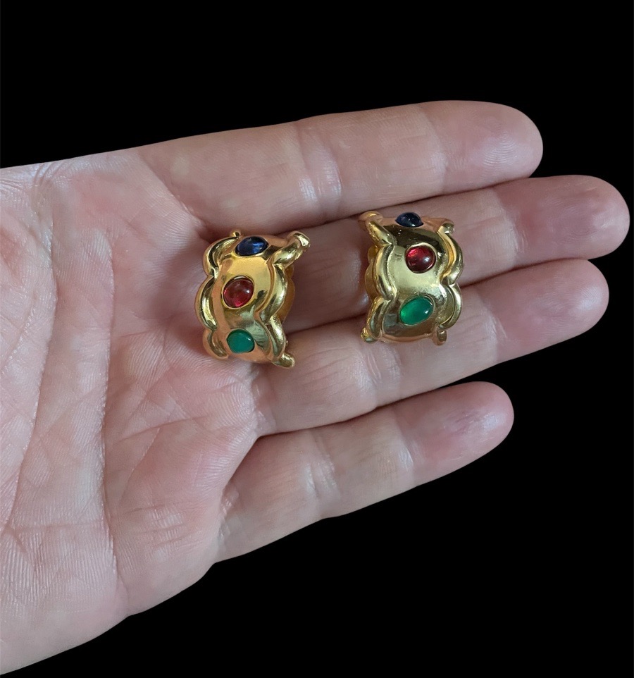 Carven House "couture" Clip-on Earrings In Gold-plated Metal And Glass Cabochons -photo-5