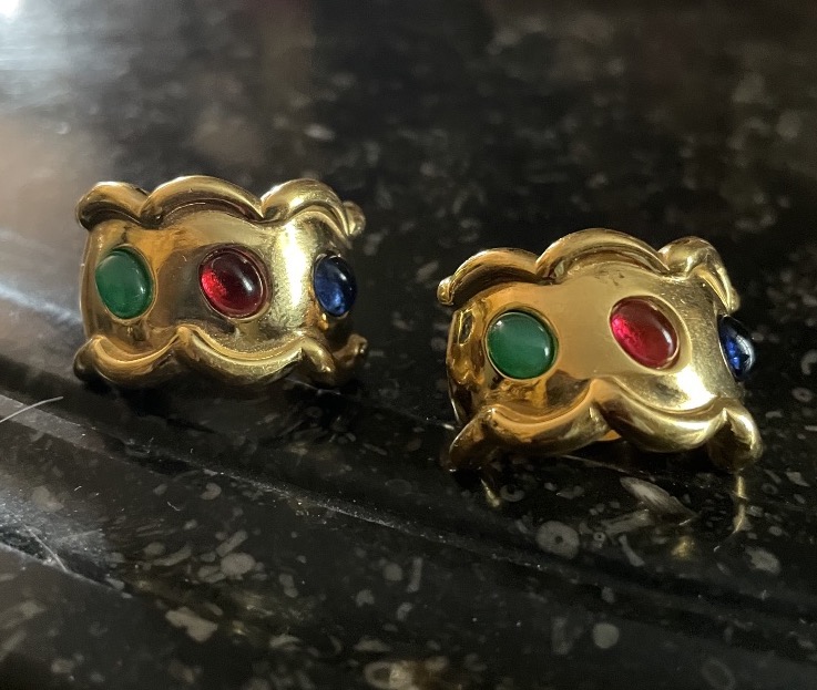 Carven House "couture" Clip-on Earrings In Gold-plated Metal And Glass Cabochons -photo-6