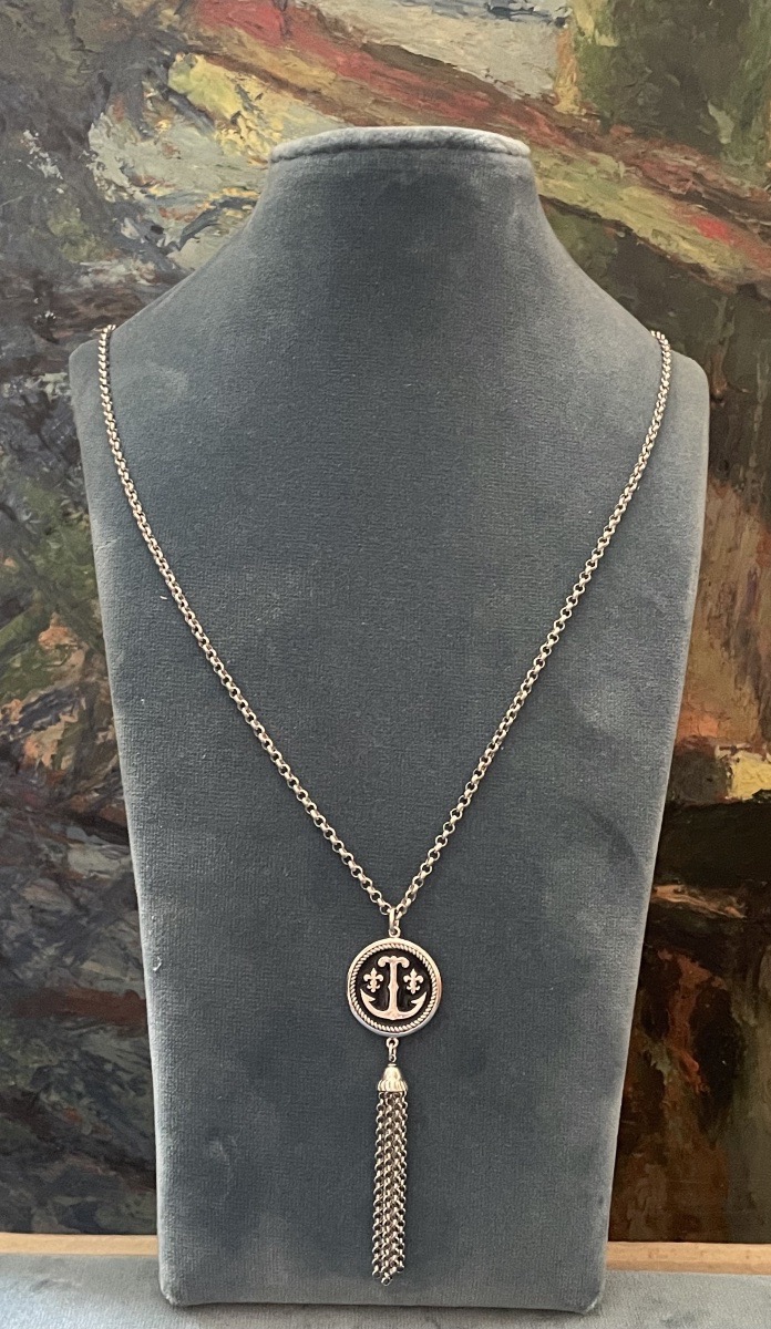 Long Necklace In Silver-plated Metal By Ted Lapidus, Circa 1970–1980, Couture Jewelry 