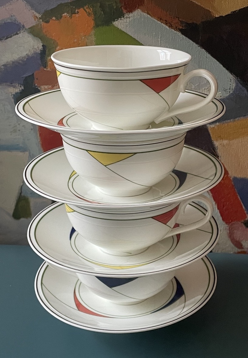 Set Of 4 Tea Cups, "trio" Model By Villeroy & Boch, Circa 1984, Memphis Style-photo-3