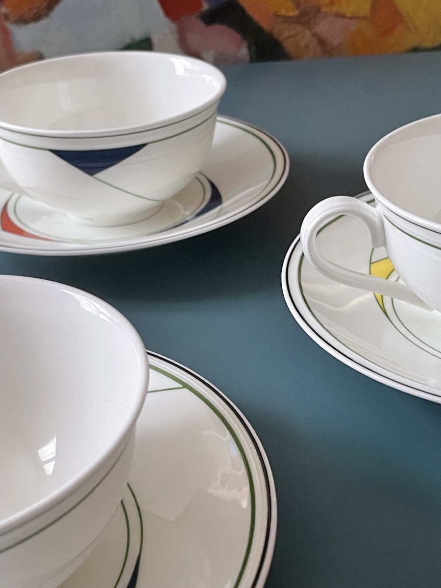 Set Of 4 Tea Cups, "trio" Model By Villeroy & Boch, Circa 1984, Memphis Style-photo-3