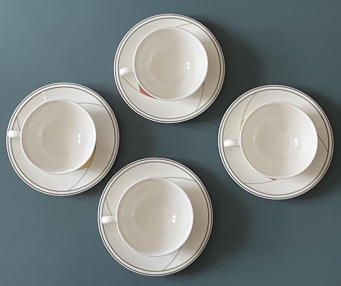 Set Of 4 Tea Cups, "trio" Model By Villeroy & Boch, Circa 1984, Memphis Style-photo-4