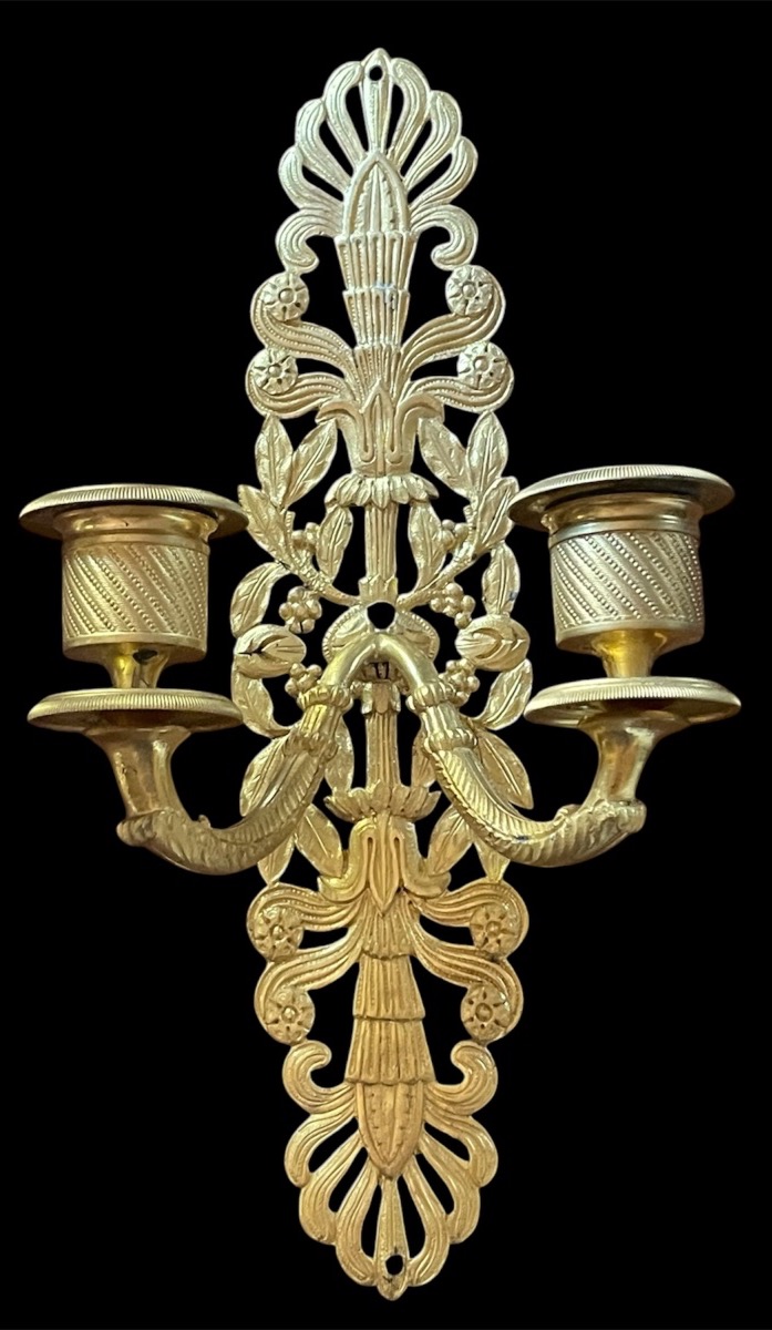 Pair Of Gilded Bronze Wall Sconces With Two Lights, Charles X Era, Empire Restoration Period -photo-2