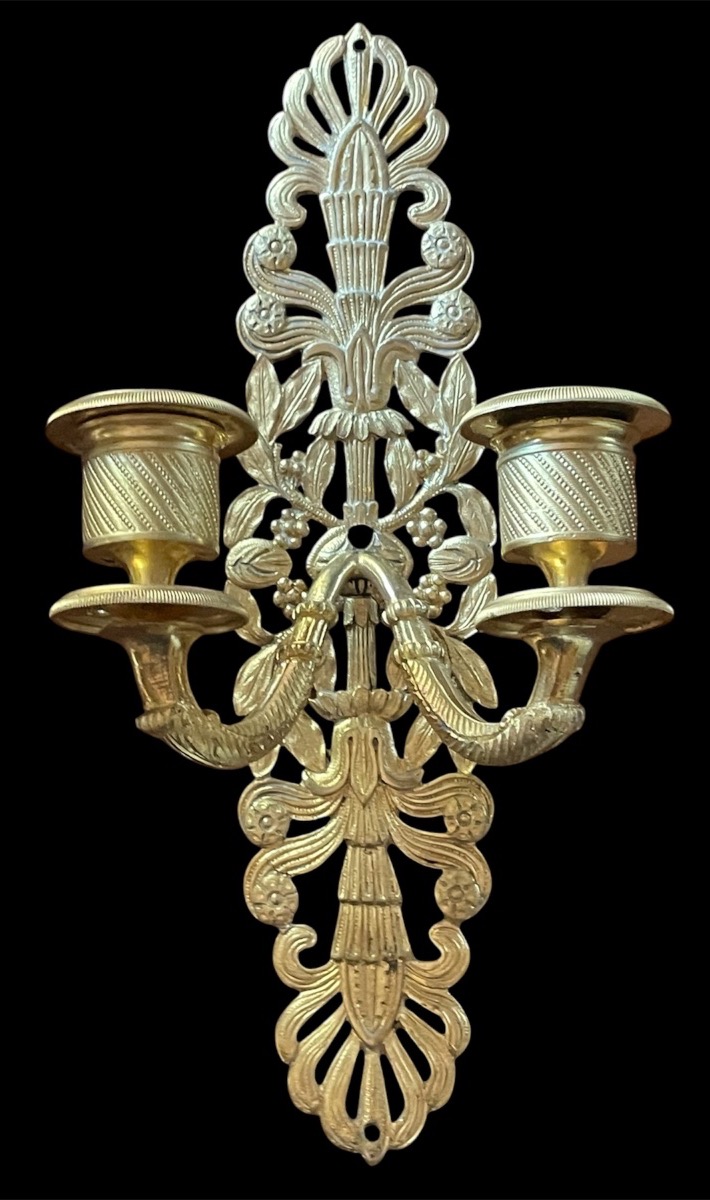 Pair Of Gilded Bronze Wall Sconces With Two Lights, Charles X Era, Empire Restoration Period -photo-3