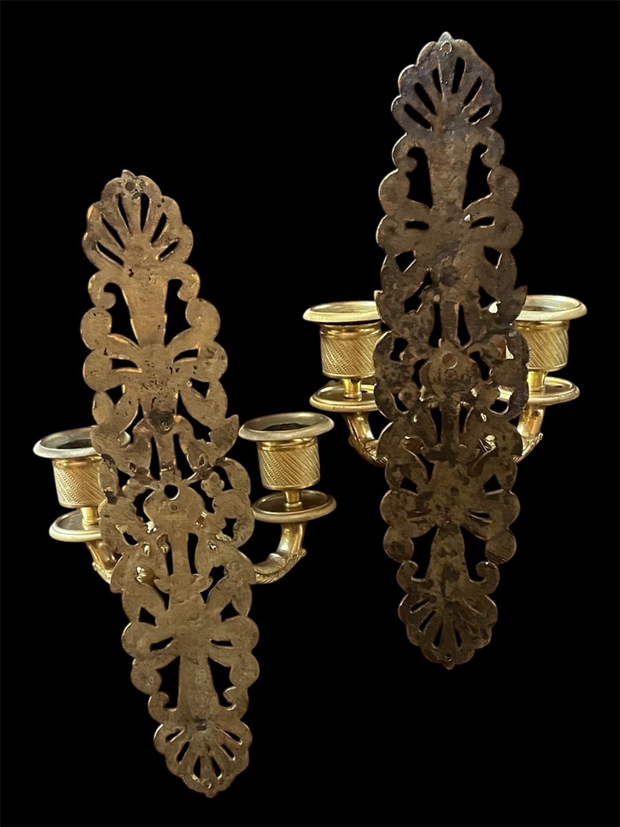 Pair Of Gilded Bronze Wall Sconces With Two Lights, Charles X Era, Empire Restoration Period -photo-4