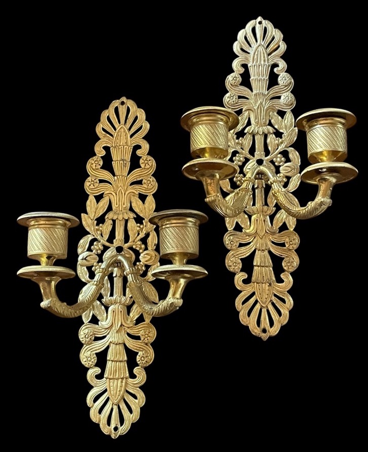 Pair Of Gilded Bronze Wall Sconces With Two Lights, Charles X Era, Empire Restoration Period -photo-8