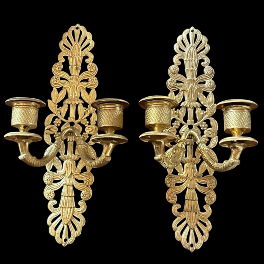 Pair Of Gilded Bronze Wall Sconces With Two Lights, Charles X Era, Empire Restoration Period 