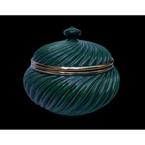 Round Lancel Box Attributed To Tommaso Barbi Green Ceramic With Vortex Body Pattern 
